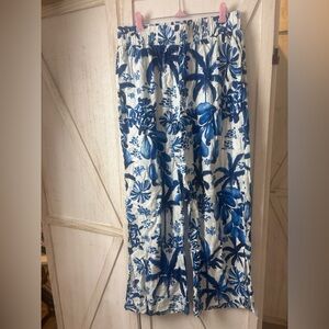 Blue and White Tropical Print Pants